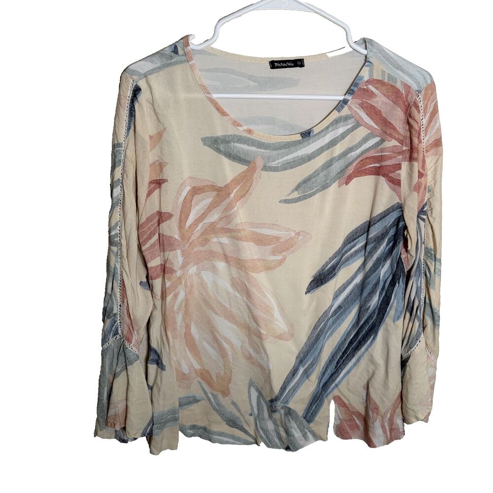 Pistachio Blouse Women's Medium Floral Round Neck Long Sleeve Printed Shirt Top